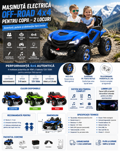 Masinuta Electrica Off-Road 4x4 Pentru Copii – 2 Locuri, 4 Motoare 45W, Roti EVA, Telecomanda si Lumini LED