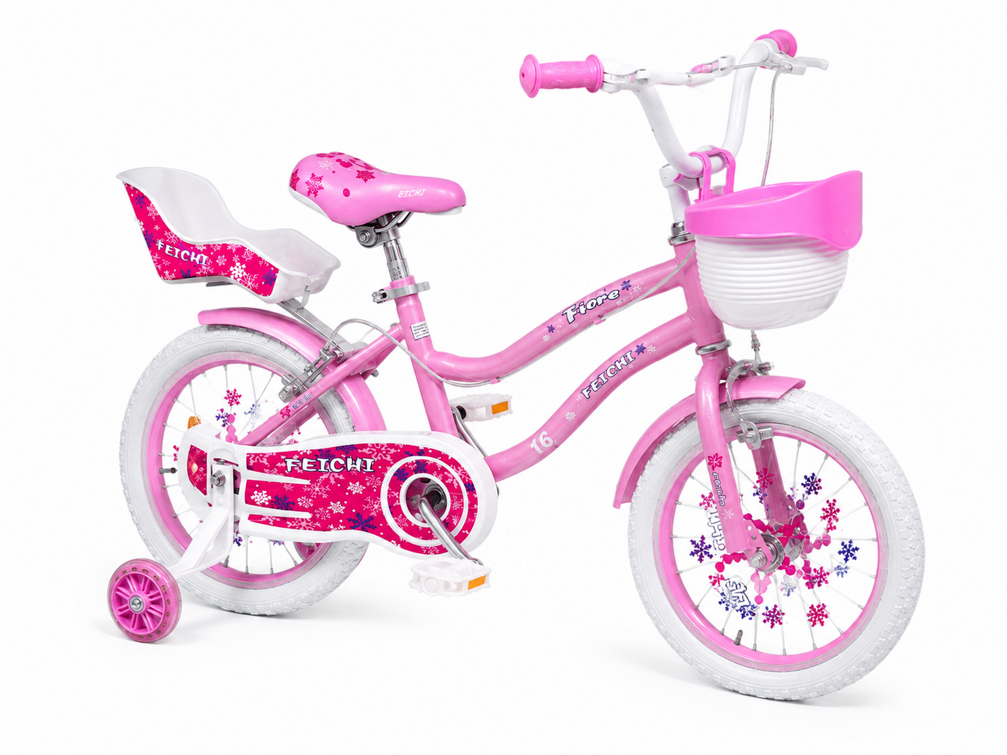 Bicicleta Feichi 16 Inch pentru Fetite – Cosulet, Scaun pentru Papusi, Frane Fata-Spate si Roti Ajutatoare Incluse - 3 culori