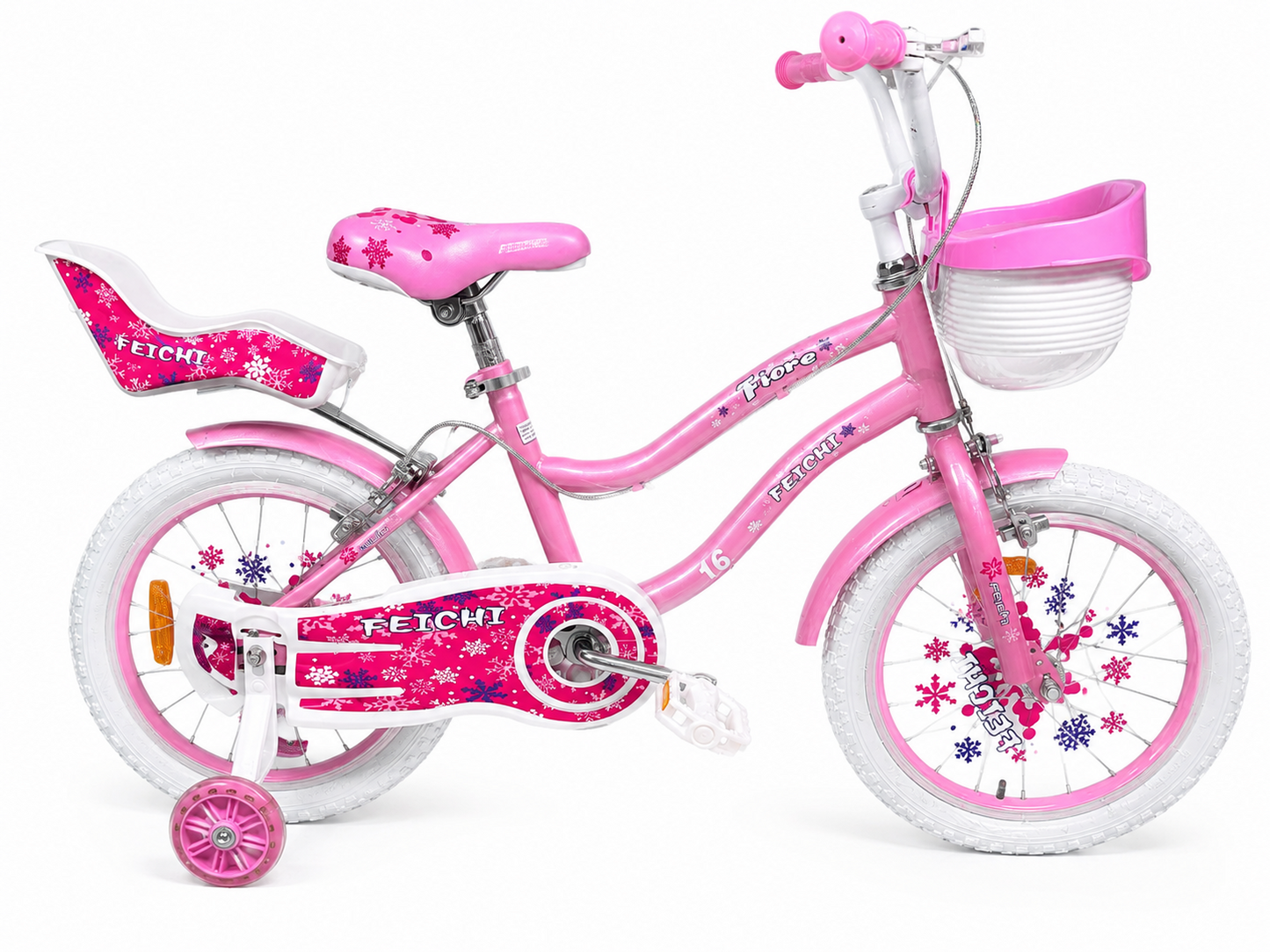 Bicicleta Feichi 16 Inch pentru Fetite – Cosulet, Scaun pentru Papusi, Frane Fata-Spate si Roti Ajutatoare Incluse - 3 culori