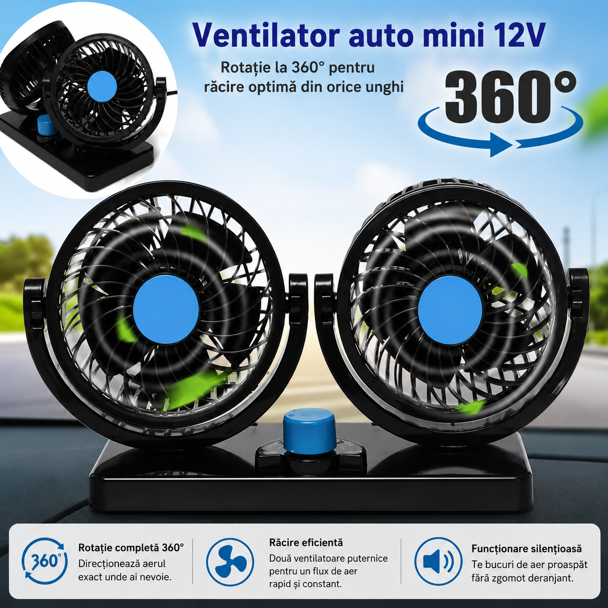 Ventilator Auto Dual 12V cu Doua Capete Rotative – Racire Eficienta pentru Sofer si Pasager