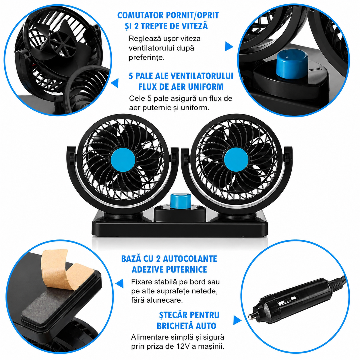 Ventilator Auto Dual 12V cu Doua Capete Rotative – Racire Eficienta pentru Sofer si Pasager