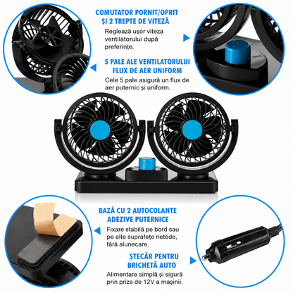Ventilator Auto Dual 12V cu Doua Capete Rotative – Racire Eficienta pentru Sofer si Pasager