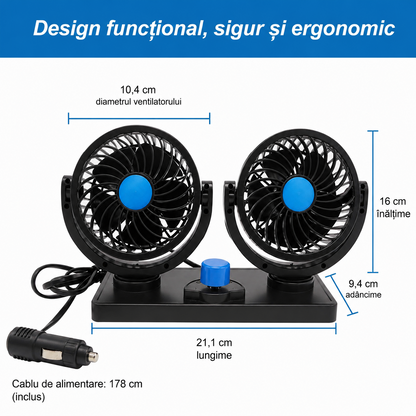 Ventilator Auto Dual 12V cu Doua Capete Rotative – Racire Eficienta pentru Sofer si Pasager