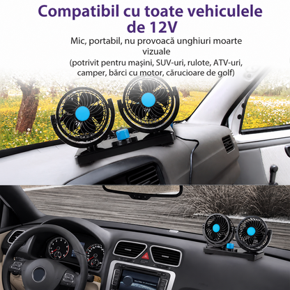 Ventilator Auto Dual 12V cu Doua Capete Rotative – Racire Eficienta pentru Sofer si Pasager