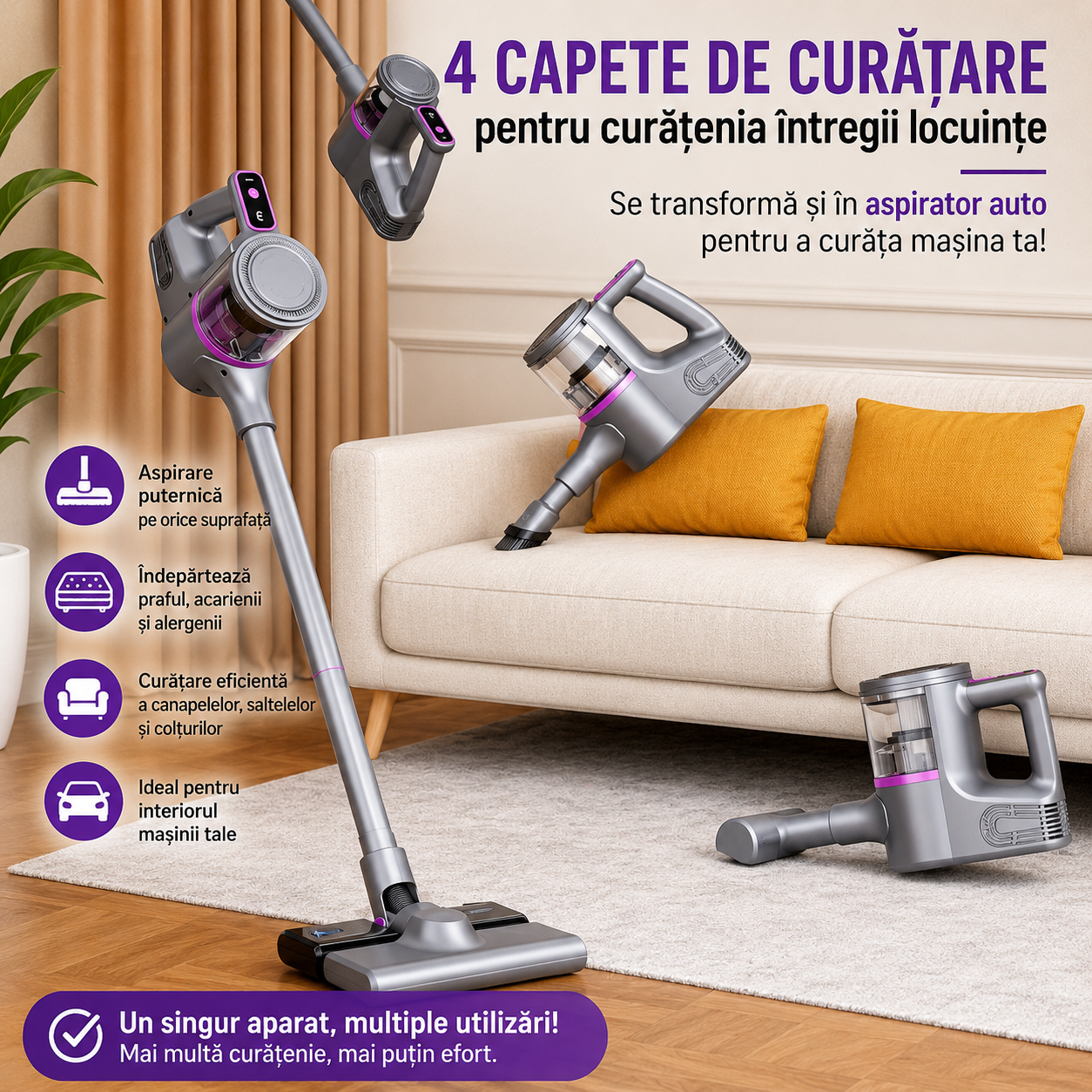 Aspirator Vertical fara Fir 2-in-1 – Aspirare si Mop Intr-un Singur Pas, 100W, Filtru HEPA
