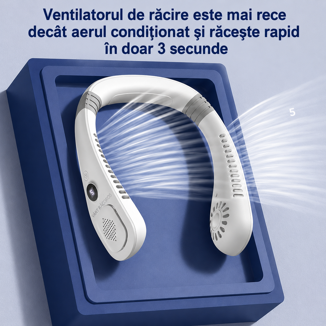 Ventilator Portabil pentru Gat USB-C, 5 Viteze, Afisaj Digital LED, Fara Elice, Reincarcabil