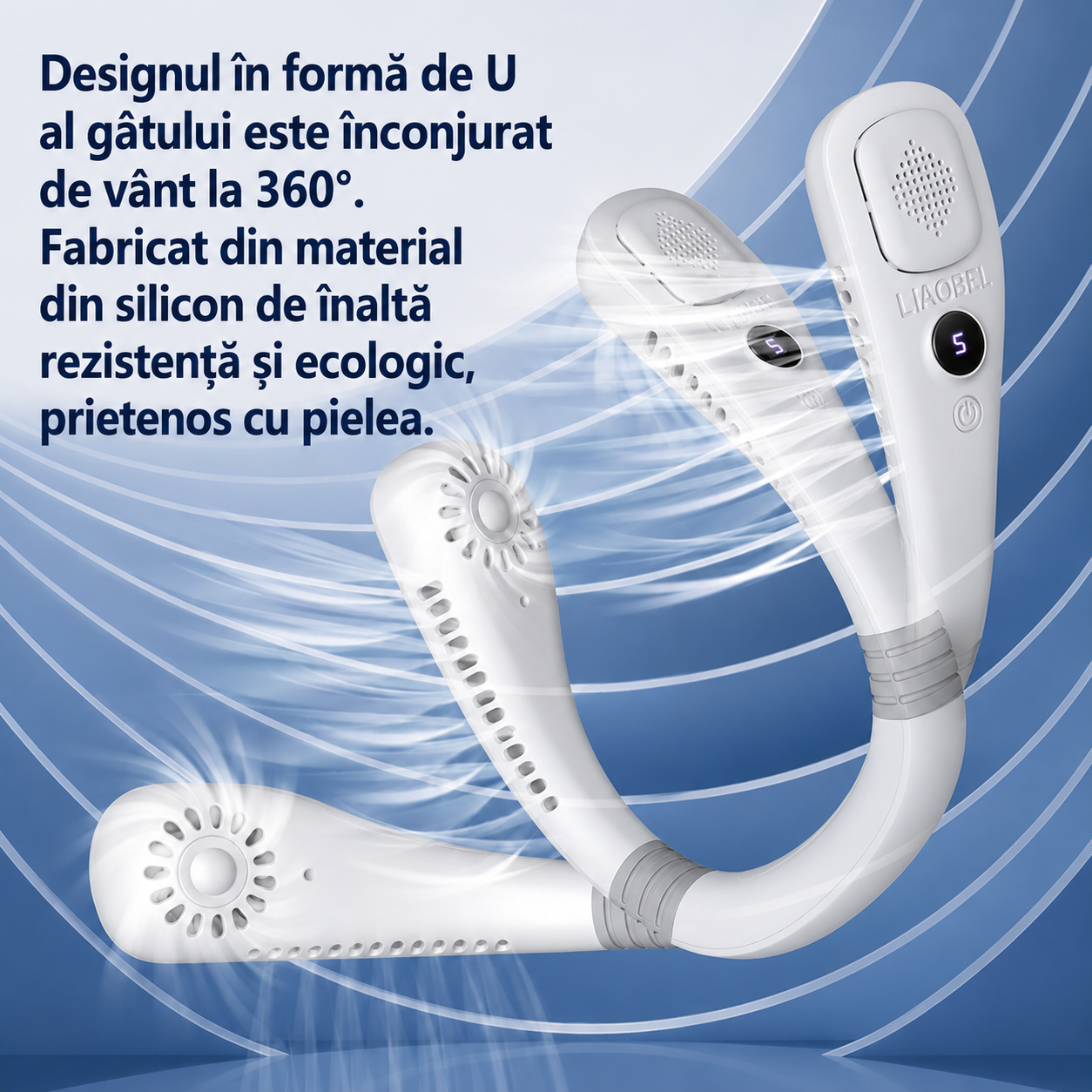 Ventilator Portabil pentru Gat USB-C, 5 Viteze, Afisaj Digital LED, Fara Elice, Reincarcabil
