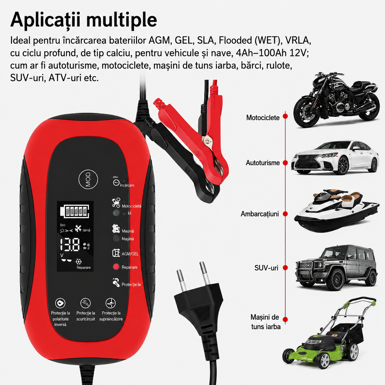 Incarcator Inteligent pentru Baterii Auto 12V 6A – Redresor Automat cu Protectii Complete