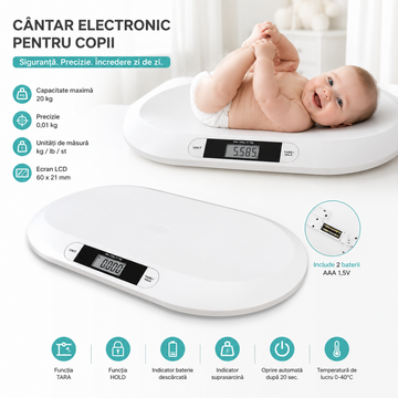 Cantar Digital pentru Bebelusi si Nou Nascuti 20kg, Functie Tara si Hold, Afisaj LCD