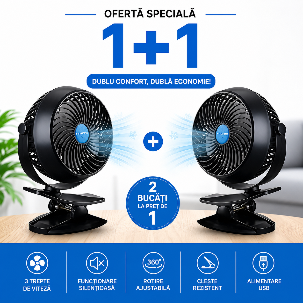 Oferta 1+1 Gratis Ventilator Reincarcabil de Masa cu Clips, USB, 3 Viteze, Rotatie 360°