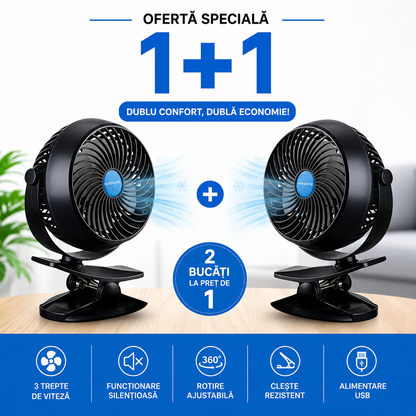 Oferta 1+1 Gratis Ventilator Reincarcabil de Masa cu Clips, USB, 3 Viteze, Rotatie 360°