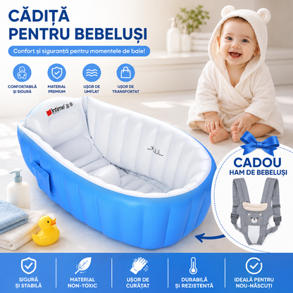 Cadita Gonflabila pentru Bebelusi 90x60x27 cm, Antialunecare, Pliabila, Bleu/Alb + Ham Bebelusi Cadou