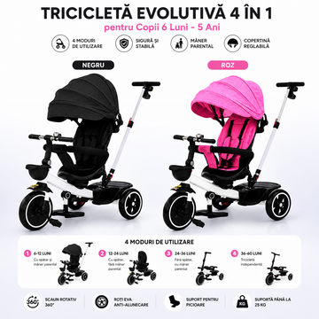 Tricicleta Evolutiva 4 in 1 pentru Copii, 6 Luni - 5 Ani, Copertina, Maner Parental, Negru sau Roz