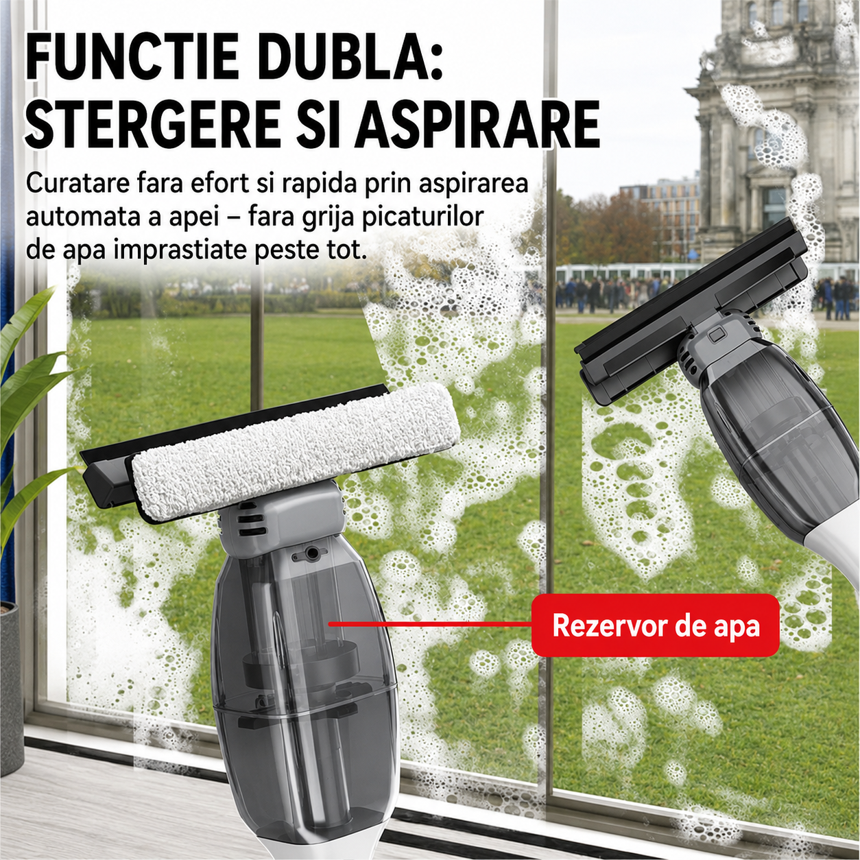 Aparat Electric 3 in 1 pentru Geamuri, Faianta si Gresie – Sterge, Curata si Aspira Apa Fara Urme