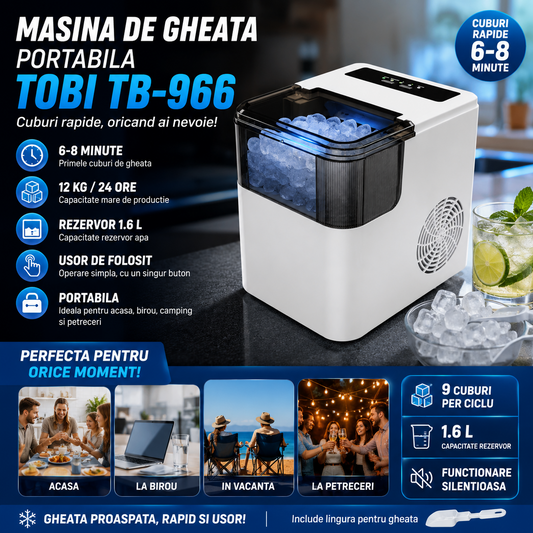 Masina de Gheata Portabila Tobi TB-966 – Cuburi Rapide in 6-8 Minute, Ideala pentru Acasa si Petreceri