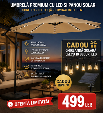 Umbrela de Gradina Banana cu LED – 300 cm, Iluminare Solara + Ghirlanda Cadou, Stoc Limitat