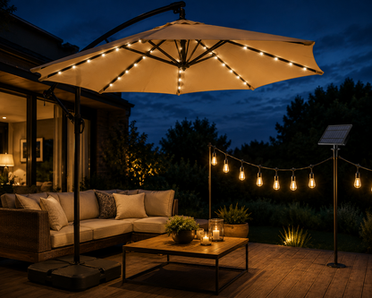 Umbrela de Gradina Banana cu LED – 300 cm, Iluminare Solara + Ghirlanda Cadou, Stoc Limitat