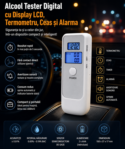 Alcool Tester Digital Premium – Rezultat Rapid, Display LCD, Termometru si Ceas Incorporat