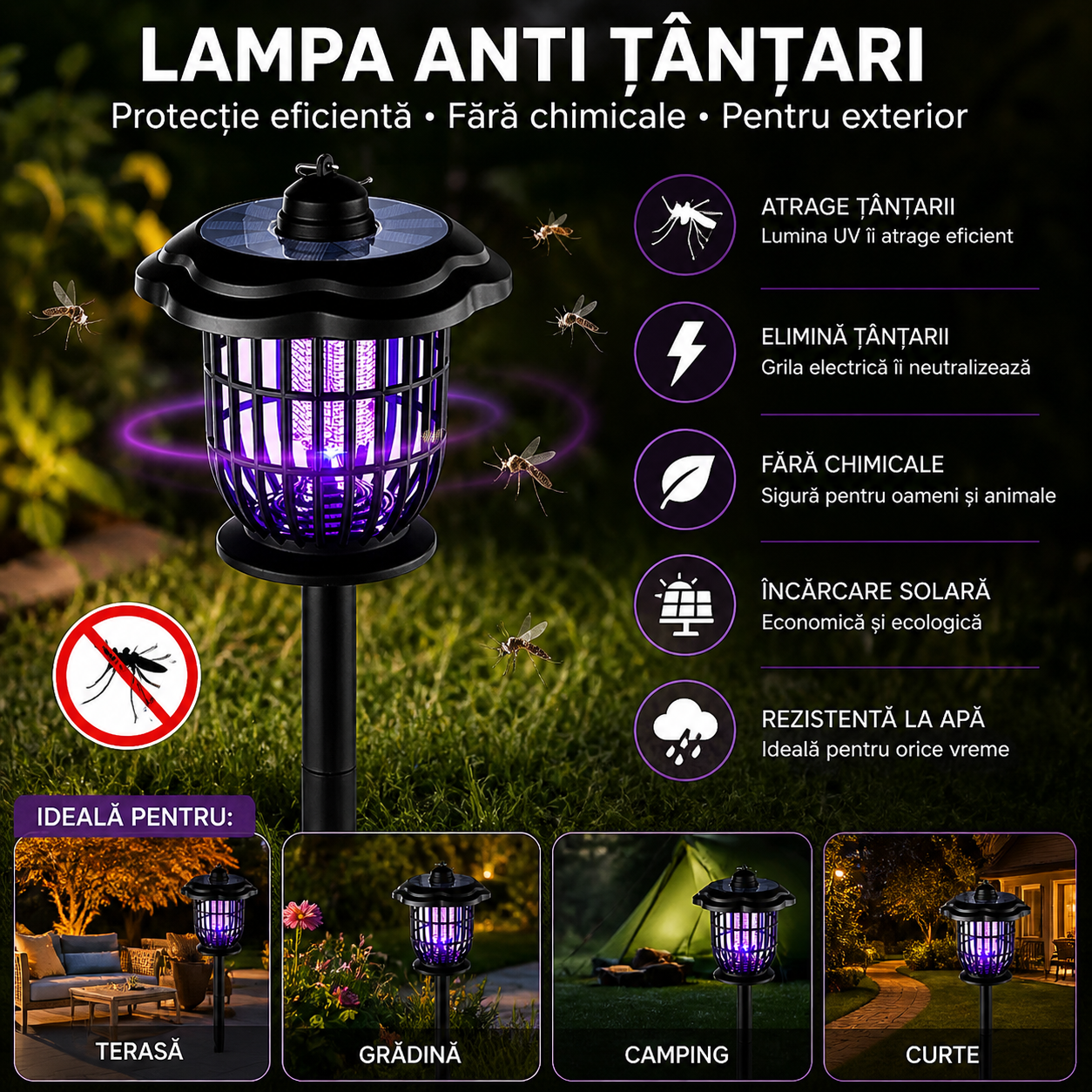 Lampa solara anti tantari LED UV 2 in 1 exterior 52 cm IP44 gradina