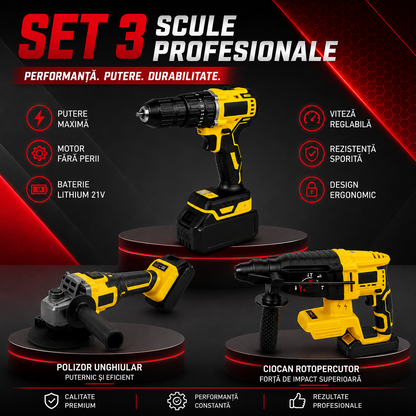 Trusa scule 3 in 1 cu acumulator 21V rotopercutor polizor autofiletanta