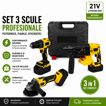 Trusa scule 3 in 1 cu acumulator 21V rotopercutor polizor autofiletanta