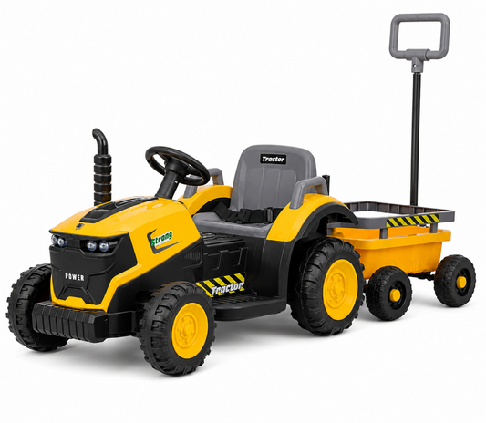 Tractor electric copii 12V cu remorca telecomanda lumini LED muzica 2 viteze rosu