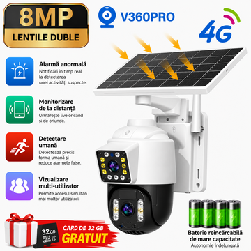 Camera Solara Dual Lens 4K – Varianta 4G Sau WiFi, Card 32GB Inclus si Control Inteligent Din Telefon