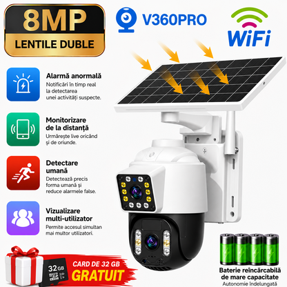 Camera Solara Dual Lens 4K – Varianta 4G Sau WiFi, Card 32GB Inclus si Control Inteligent Din Telefon