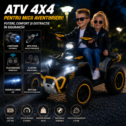 ATV Electric 4x4 Pentru 2 Copii – Putere Off-Road, Roti EVA si Telecomanda Parentala, Suspensii