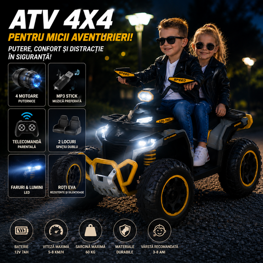 ATV Electric 4x4 Pentru 2 Copii – Putere Off-Road, Roti EVA si Telecomanda Parentala, Suspensii