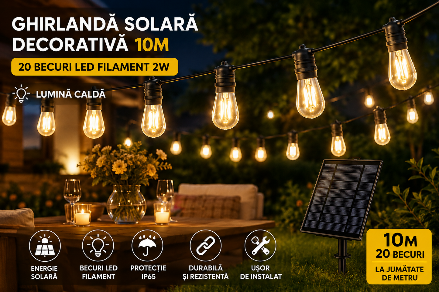 Ghirlanda Solara Premium 10 Metri – 20 Becuri LED Filament, Lumina Calda si Incarcare Solara sau USB