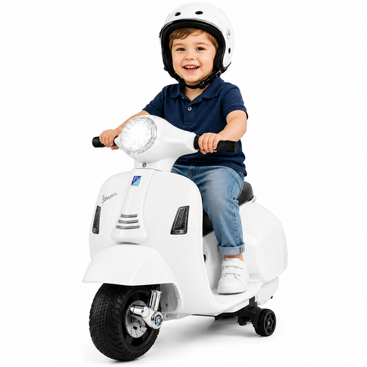 Scuter Electric Copii Tip Vespa 6V Cu Lumini Muzica Si Roti Ajutatoare Alb