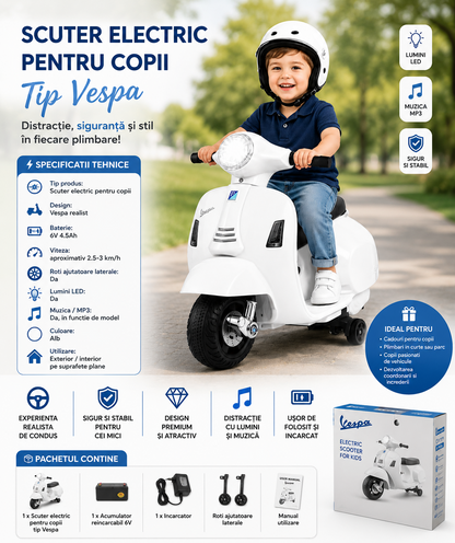 Scuter Electric Copii Tip Vespa 6V Cu Lumini Muzica Si Roti Ajutatoare Alb