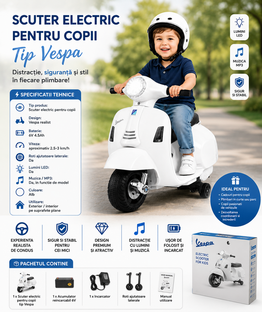 Scuter Electric Copii Tip Vespa 6V Cu Lumini Muzica Si Roti Ajutatoare Alb