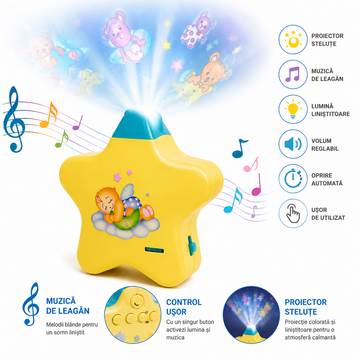 Lampa de Veghe Muzicala pentru Bebelusi – Proiector Stelute, Muzica de Leagan si Lumina Linistitoare