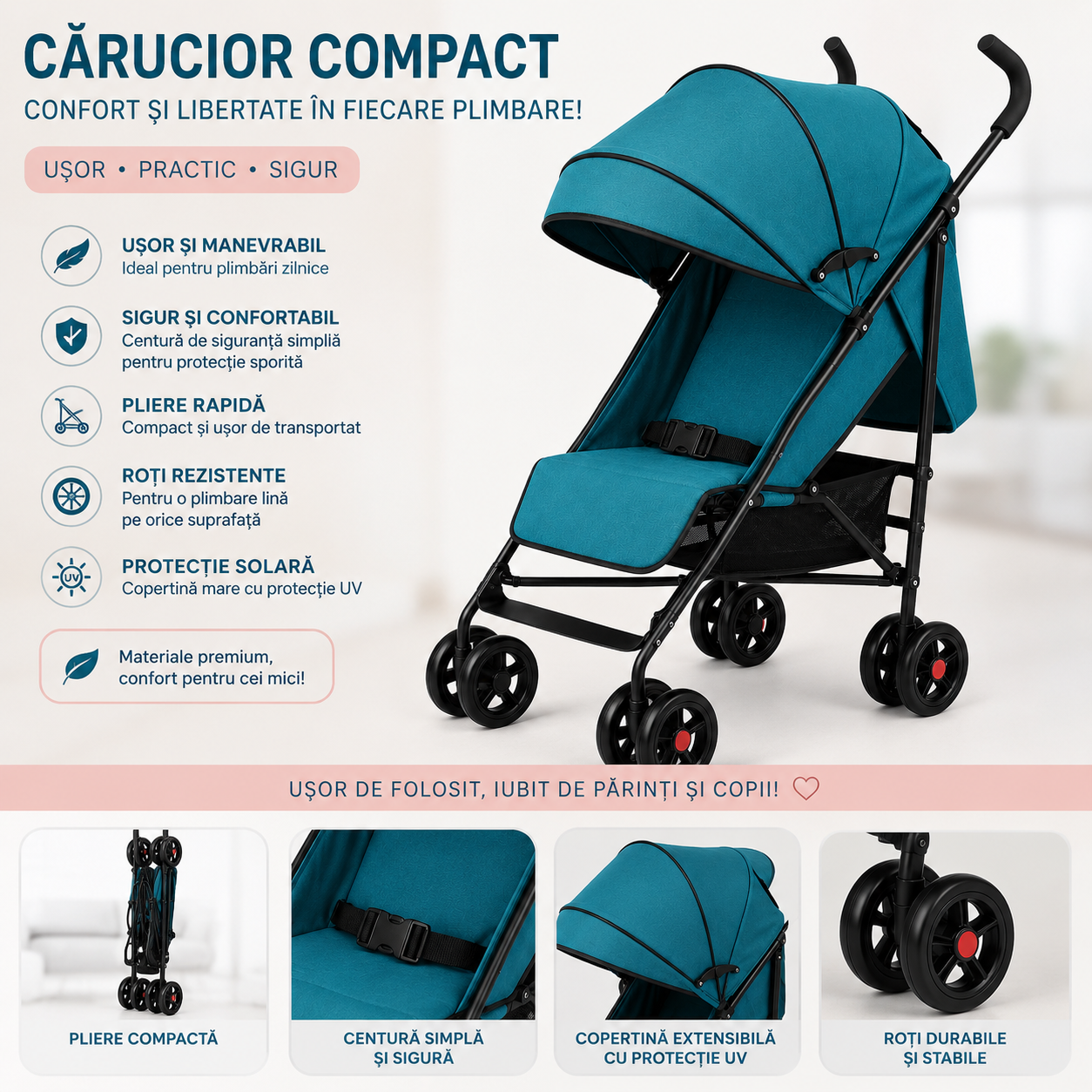 Carucior Sport Compact pentru Copii – Usor, Pliabil, Confortabil si Ideal pentru Plimbarile Zilnice