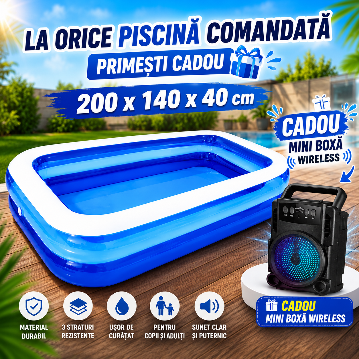 Piscina Gonflabila LEIHMANN 200x140x40 cm – Distractie si Racorire pentru Toata Familia + Mini Boxa Wireless Cadou!