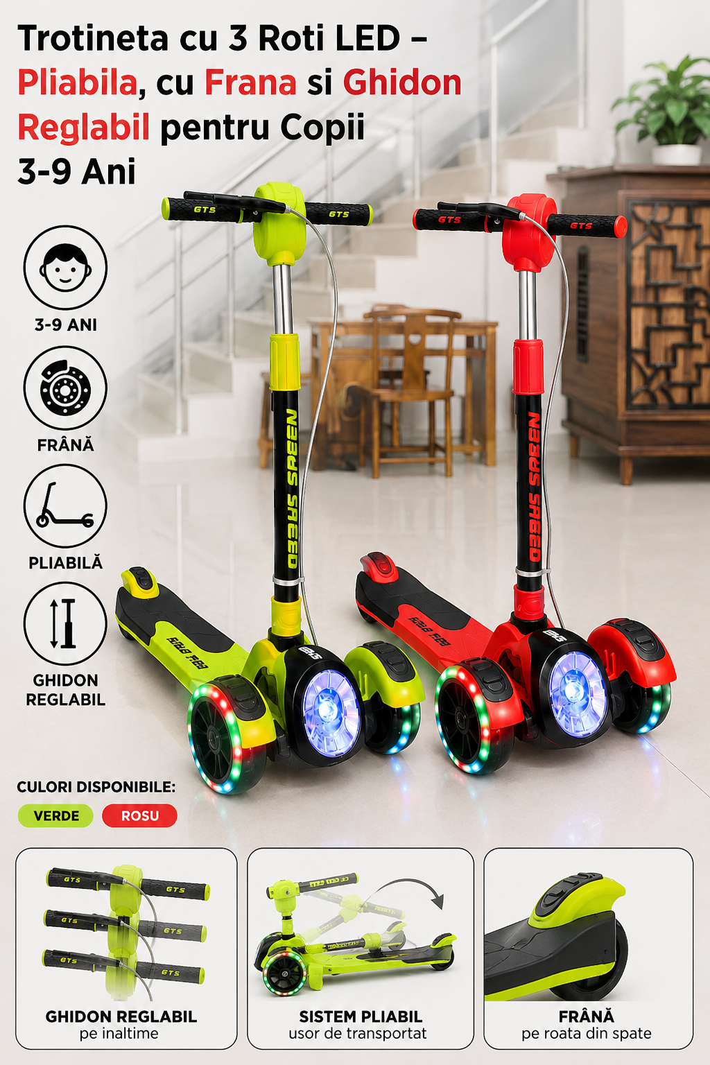 Trotineta cu 3 Roti LED – Pliabila, cu Frana si Ghidon Reglabil pentru Copii 3-9 Ani