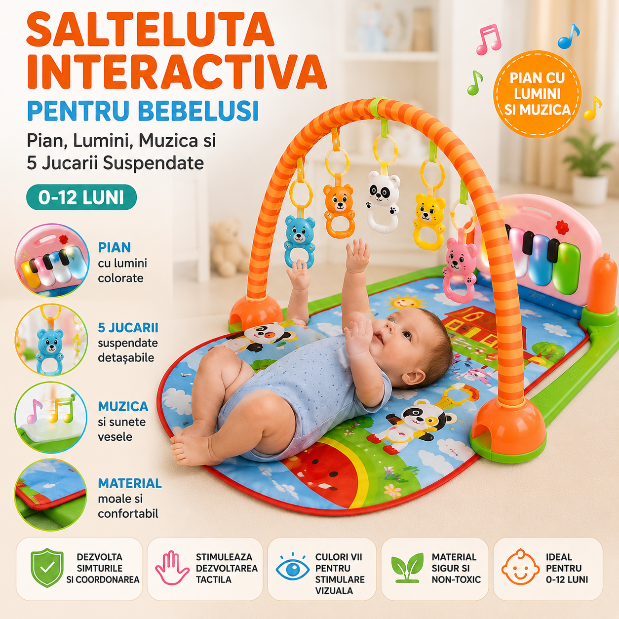 Carucior 2 in 1 pentru Copii, Pliabil, Landou Sport, Suspensii, Maro, Salteluta Interactiva Cadou