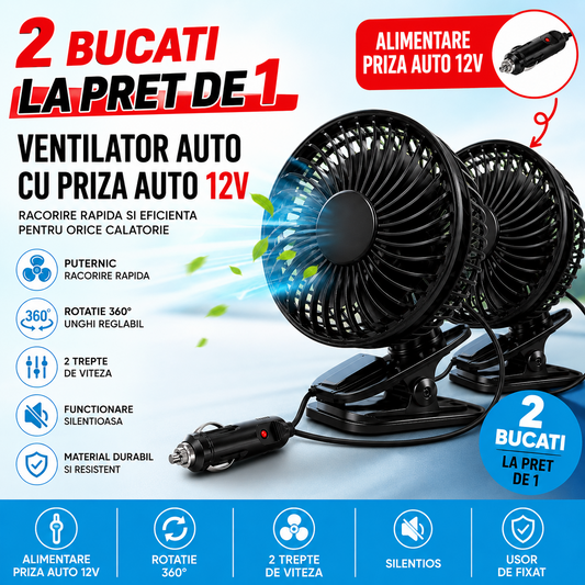 Oferta 1+1 Gratis Ventilator Auto cu Clips, Priza Auto 12V, 3 Viteze, Rotatie 360°