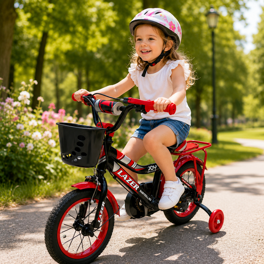Bicicleta Copii Cu Pedale, Roti Ajutatoare, Cosulet, Rosu 7-12 Ani