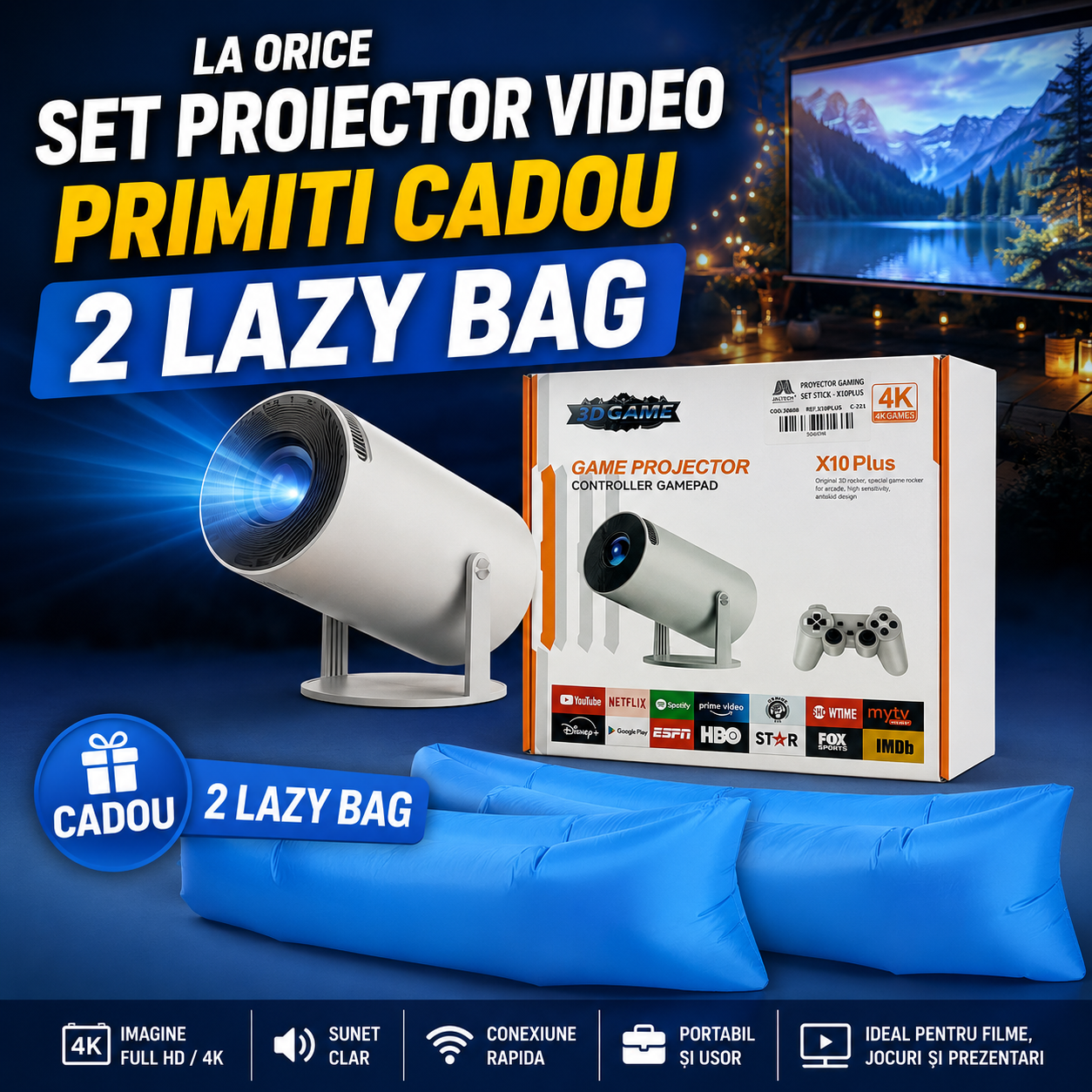 Proiector 4K Android X10 Plus gaming si video 2 controlere WiFi calitate premium - Cadou 2 x Lazy bag