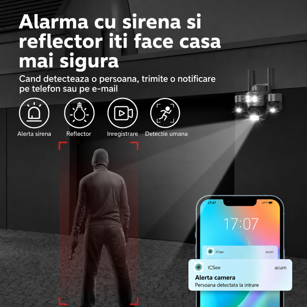 Camera de Supraveghere WiFi 15MP, 3 Lentile, Auto Tracking, IP66, Night Vision Color, Negru