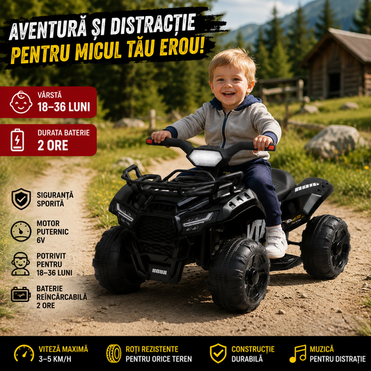 ATV Electric pentru Copii 6V, Baterie Reincarcabila, 18-36 Luni, Negru