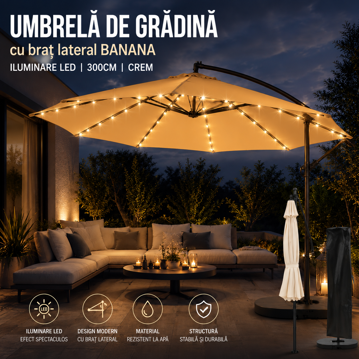Umbrela Gradina Banana cu LED Solar, Brat Lateral, 300 cm, Crem