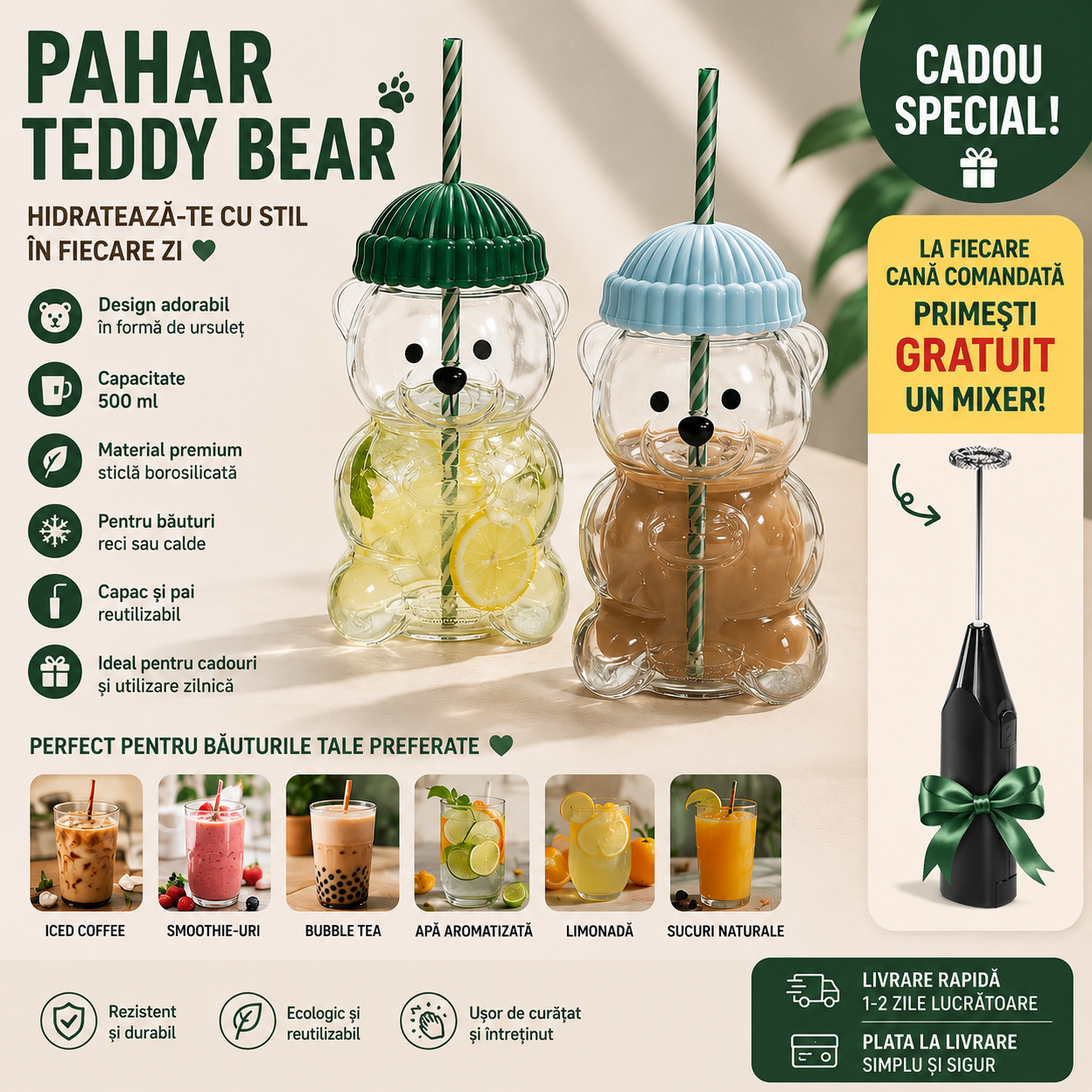 Pahar Teddy Bear Super Cute – 500 ml, Pai Reutilizabil si Mixer de Amestecat Cadou