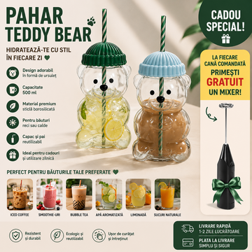 Pahar Teddy Bear Super Cute – 500 ml, Pai Reutilizabil si Mixer de Amestecat Cadou