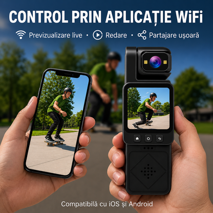 Camera Video Mini Portabila 1080P Clip-On, WiFi, Ecran LCD, Lentila Rotativa 360, Card 32GB