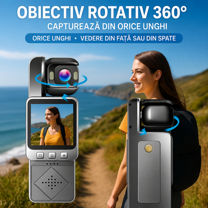 Camera Video Mini Portabila 1080P Clip-On, WiFi, Ecran LCD, Lentila Rotativa 360, Card 32GB