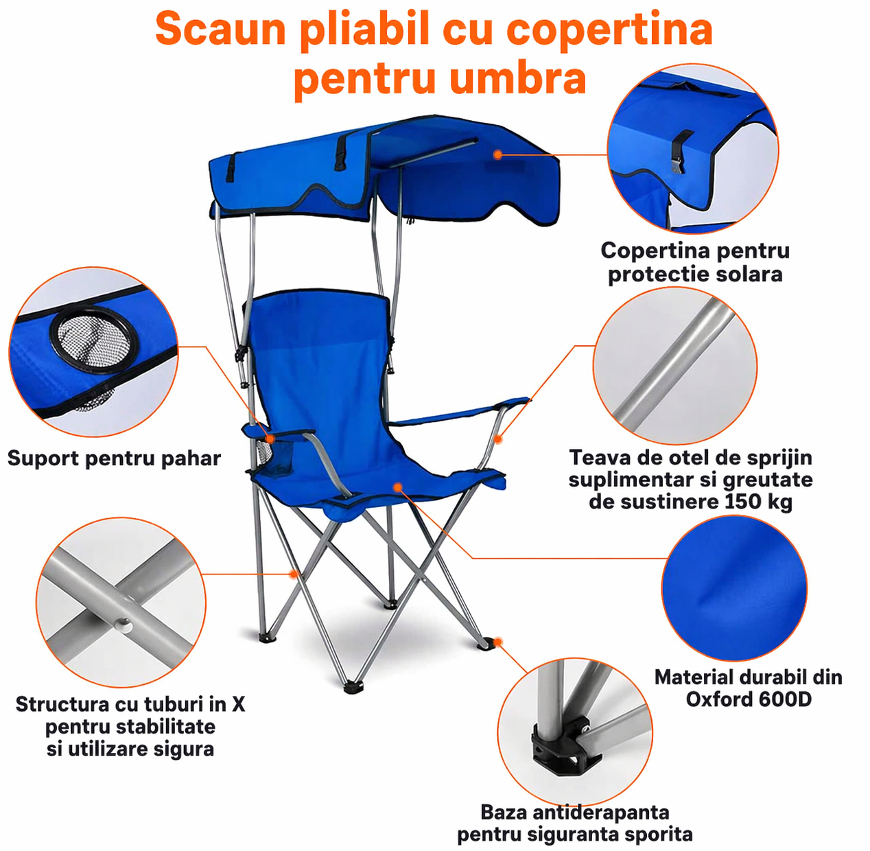 Scaun plaja pliabil albastru cu copertina UPF50 suport pahar 150kg camping gradina portabil